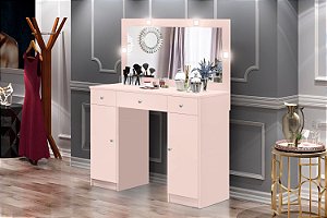 Penteadeira Camarim com 3 Gavetas 2 Portas Espelho e LED - Realeza - Rosê J&A Móveis
