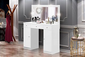 Penteadeira Camarim com 3 Gavetas 2 Portas Espelho e LED - Realeza - Branco - J&A Móveis