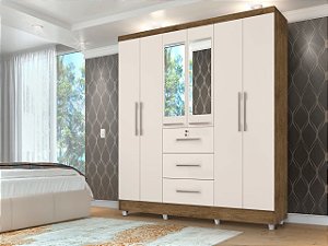 Guarda Roupa Roupeiro de Casal Tokio 6 portas 3 gavetas com chave e pés Jequitibá Off White - J&A MOVEIS