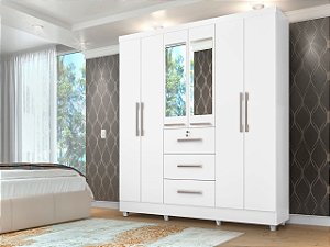 Guarda Roupa Roupeiro de Casal Tokio 6 portas 3 gavetas com chave e pés - Branco  - J&A MOVEIS