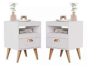 Kit 2 Mesa de Cabeceira (criado) flex  Para Quarto Com Pés Retro 1 Gaveta e Nicho - Branco/Naturale -  Sal