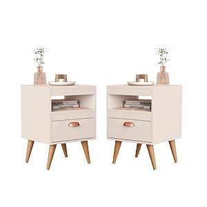 Kit 2 Mesa de Cabeceira (criado) flex  Para Quarto Com Pés Retro 1 Gaveta e Nicho - Off/Naturale -  Sal
