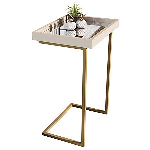 Mesa Lateral de Apoio JB 4774 com Espelho me pé de Aço - Perola/Dourado