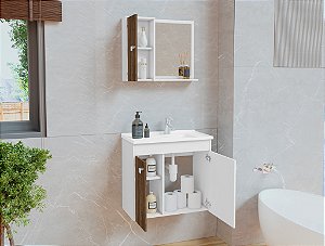 Gabinete para Banheiro com Cuba e Espelheira Munique - Branco/Ipe