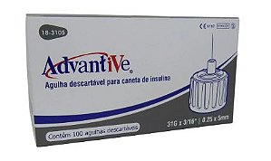 Agulha Para Caneta De Insulina 31g (0,25mm) x 5mm C/100 Unidades Advantive