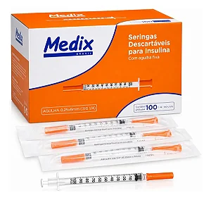 Seringa de Insulina 1ml C/Agulha 6,0x25mm (31G) C/100 Unidades Medix