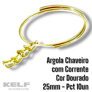 Argola Chaveiro com Corrente 119162 25mm - Cor Dourado 10un