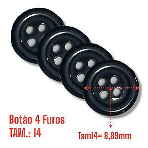Botão Tam 14 (8,89mm) - Cor Preto 4 Furos - 144un