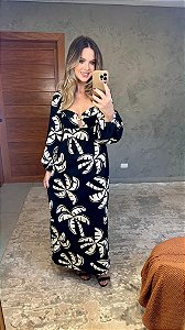 Vestido Longo Manga Estampado Coqueirada