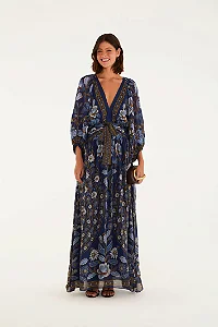 Vestido Longo Manga Estampado Marcelle