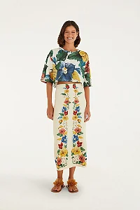 Saia Reta Midi Estampado Tropicalzinho Lenço