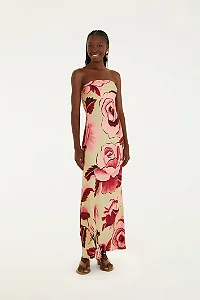Vestido Longo Sem Alça Estampado Rosas Pintadas