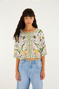 T-Shirt Cropped Estampada Azulejaria