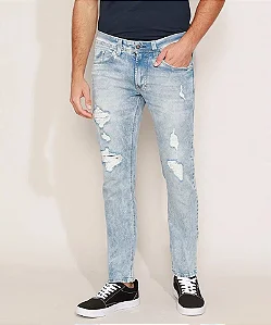 Calça Jeans Masculina Slim Destroyed com Bolsos Azul Claro