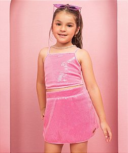 Conjunto Paetê Top + Shorts Saia Rosa