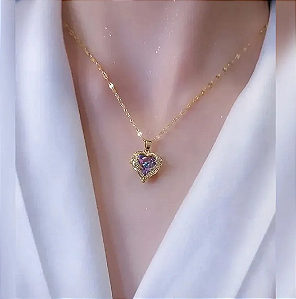 Requintado Colar Banhado em ouro 18k com Pedra Formato de coração Rosa