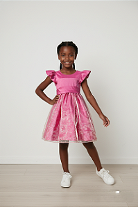 Vestido Infantil Rosa Pink com organza de cristal