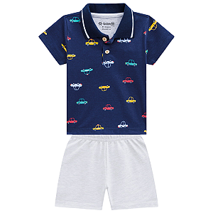 Conjunto Bebê Camiseta Polo e Bermuda Carrinhos