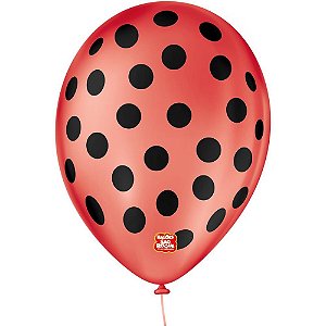 Balão Decorado N°09 Bolinha Vermelho com Preto Pacote com 25 Unidades