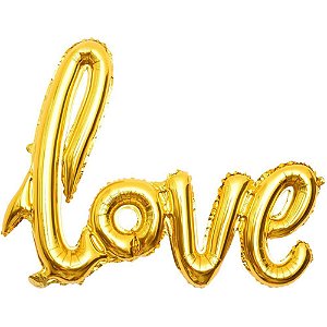 Balão Metalizado Decorado Love Dourado 108X65CM