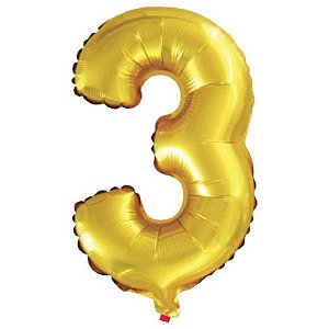 Balão Metalizado Número 3 Dourado 40CM – Pacote com 01 Unidade