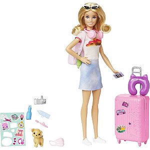 Barbie Family Malibu Pronta para Viajar com Cachorrinho e Acessórios