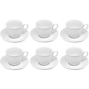Xícara para Café com Pires de Porcelana Wembley 62ML - Conjunto com 12 Peças