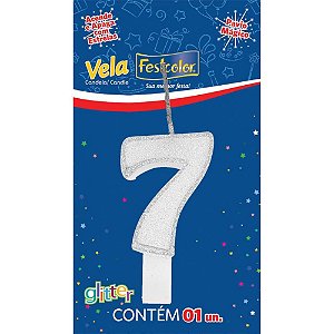 Vela para Aniversário Nº 07 Glíter Branca - Caixa com 10
