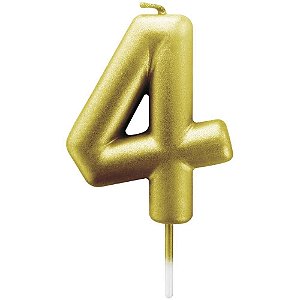 Vela para Aniversário N° 4 Metalizada Ouro 6CM - Caixa com 12 Unidades