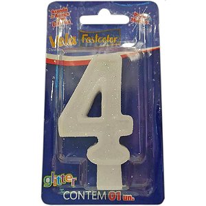 Vela para Aniversário Nº4 Glíter Branca Caixa com 10