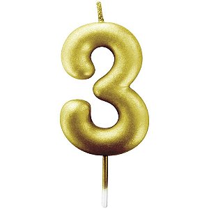 Vela para Aniversário N° 3 Metalizada Ouro 6CM - Caixa com 12 Unidades