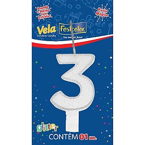 Vela para Aniversário Nº3 com Glíter Branca - Caixa com 10 Unidades