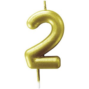 Vela para Aniversário Nº 2 Metalizada Ouro 6CM - Caixa com 12 Unidades
