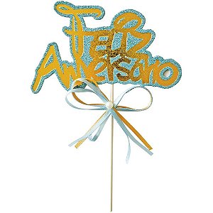 Topo de Bolo Feliz Aniversário Glíter