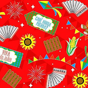 TNT Estampado Festa NO Arraiá Vermelho 1,40M 40G - Rolo com 25 Metros