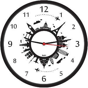 Relógio de Parede Redondo Volta AO Mundo 25,8CM Preto
