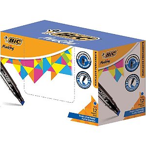 Pincel Marcador Permanente Recarregável BIC Marking Azul - Caixa com 12 Unidades