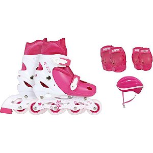 Patins KIT Roller Rosa Tamanho M (34-37) com Joelheiras e Capacete