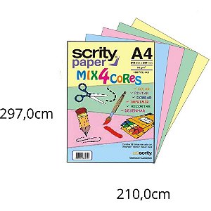 Papel Sulfite A4 Colorido MIX 4 Cores 75G - Pacote com 100 Folhas
