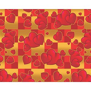 Papel Presente Bobina Couché 40CM - Corações VERMELHO/OURO - 100 Metros