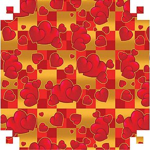 Papel Presente Bobina Couchê 40CM - Corações VERMELHO/OURO - 100 Metros