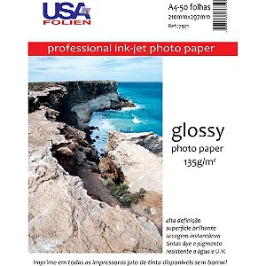 Papel Fotográfico INKJET A4 GLOSSY Profissional 135G CX com 50