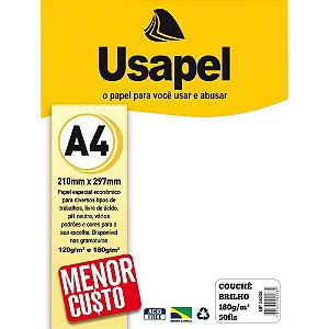 Papel A4 Couchê Usapel Branco 180G - Pacote com 50 Folhas