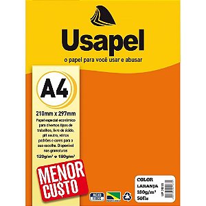 Papel A4 Colorido Usapel Laranja 180G - Pacote com 50 Folhas