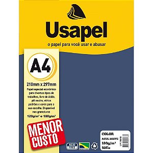 Papel A4 Color Usapel Azul Noite 180G - Pacote com 50 Folhas