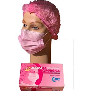 Máscara Descartável Tripla TNT com CLIP Nasal Rosa - Caixa com 50 Unidades