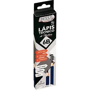 Lápis Preto Técnico 6B Madeira BRW - Blister com 12 Unidades