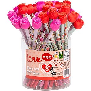 Lápis Preto Sextavado Decorado Love Flowers TOP Rosa com Borracha - Pote com 36 Unidades