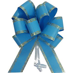 Laço Pronto Decorado FLOR Grande 30MM X 13CM Azul com Dourado - Pacote com 10