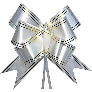 Laço Pronto Decorado 17MM X 34CM Branco Fio Dourado Pacote com 200